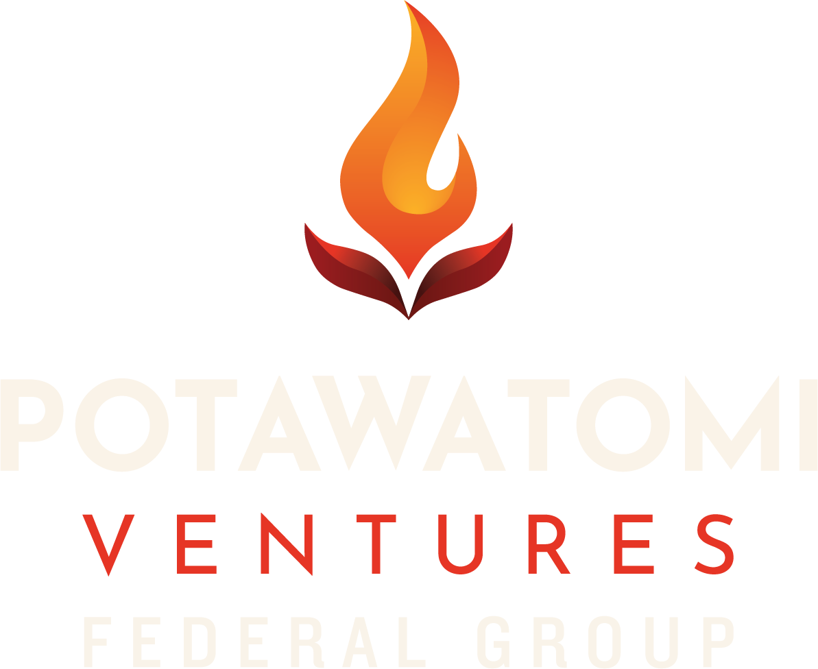 Logo of Potawatomi Ventures, featuring a stylized flame with red, orange, and yellow colors above a pair of red leaves, with the text 'Potawatomi Ventures Federal Group' underneath.