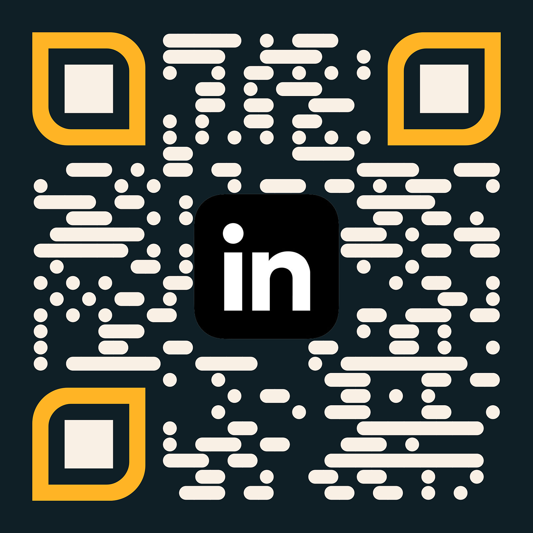 LinkedIn logo with a black background, yellow borders, and white dotted lines forming an abstract shape.