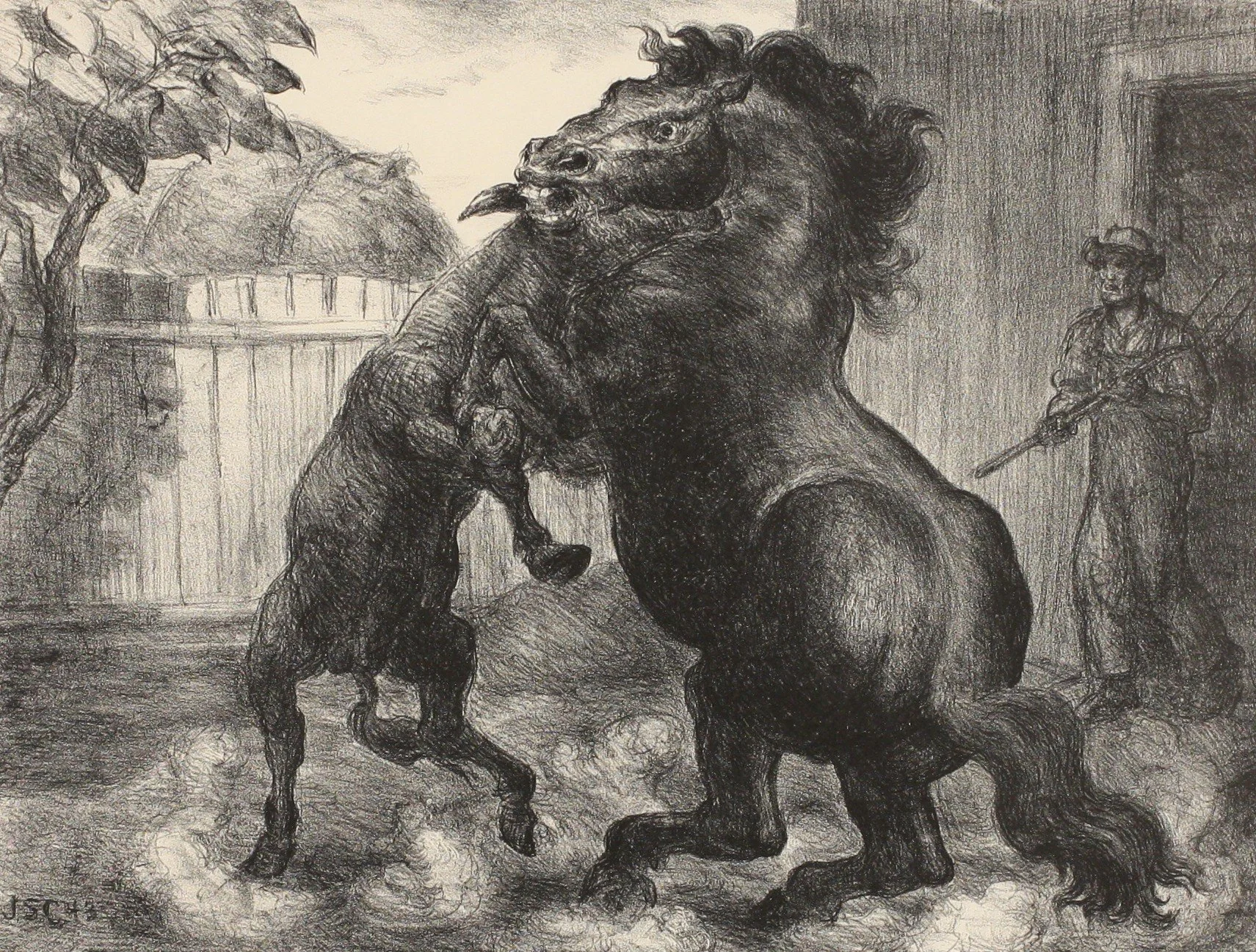 Stallion and Jack Fighting by John Steuart Curry, 1943