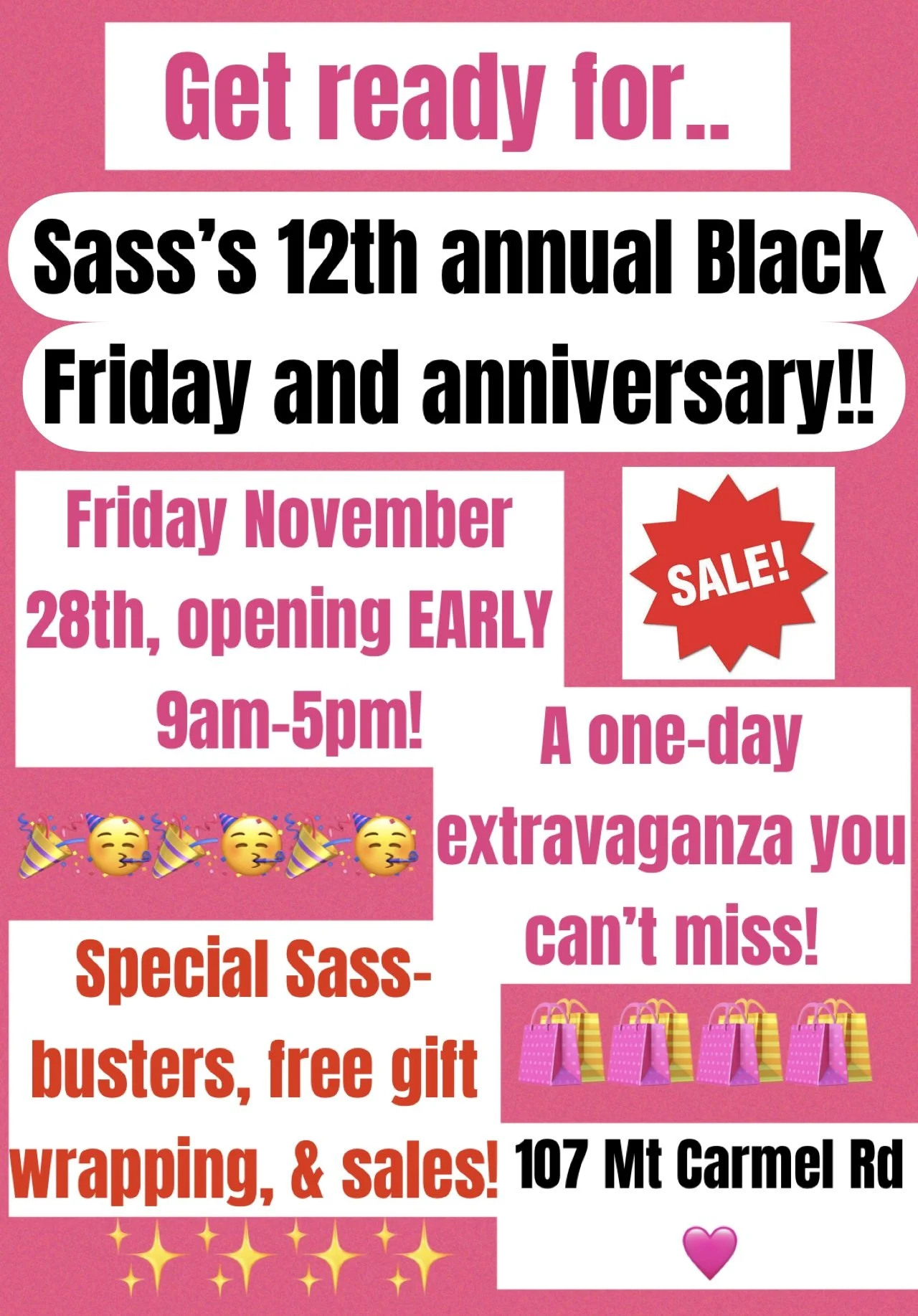 Sass's 12th Annual Black Friday & Anniversary!