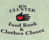 Logo with a black hand holding a red heart, accompanied by the text ‘BN Cluster Food Bank & Clothes Closet’