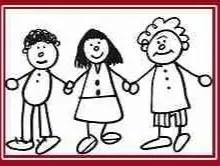 Drawing of three children holding hands, smiling.