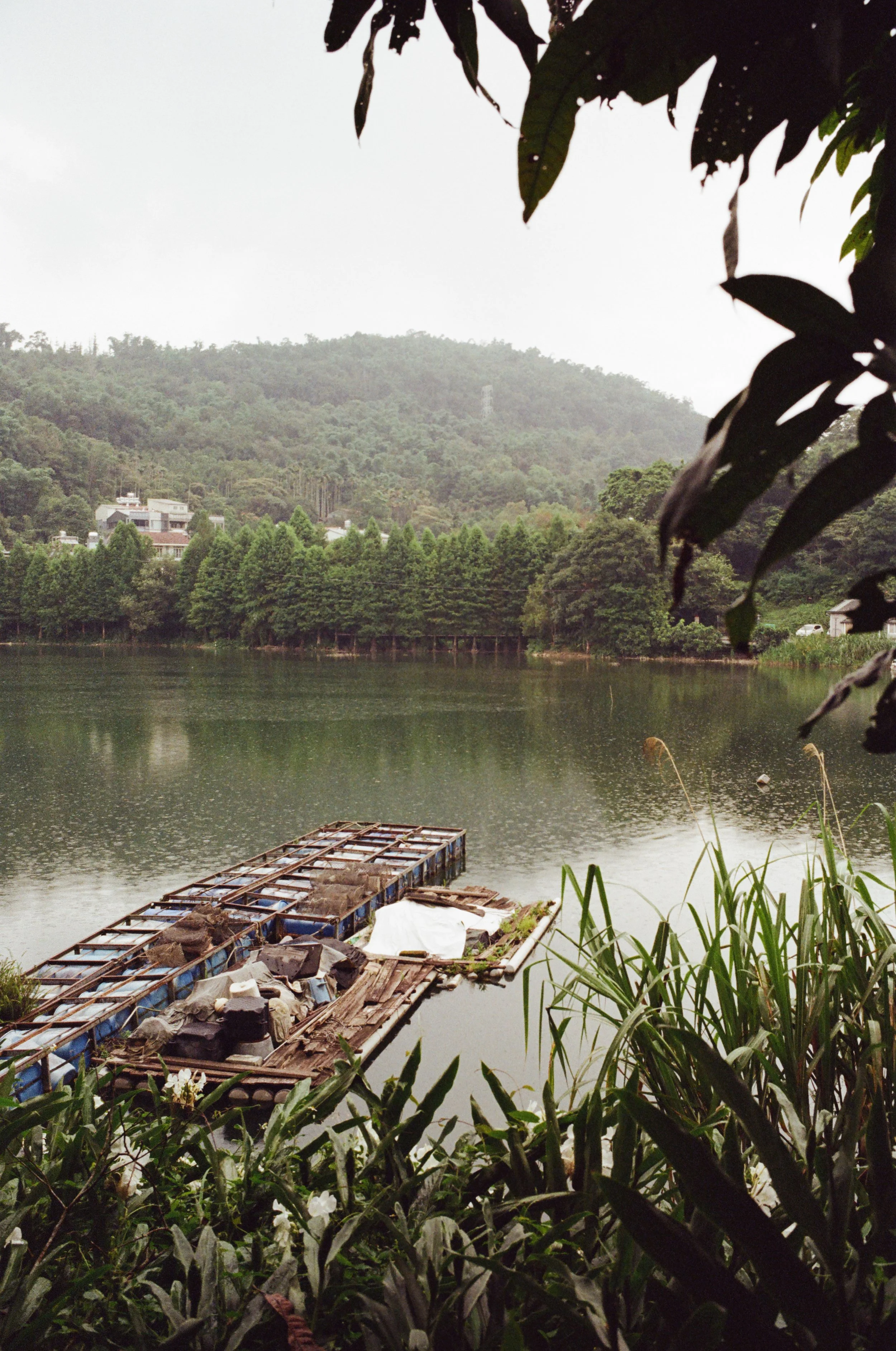 A lake with a partially sunken wooden structure in the water, surrounded by green trees and hills in the background, under an overcast sky.