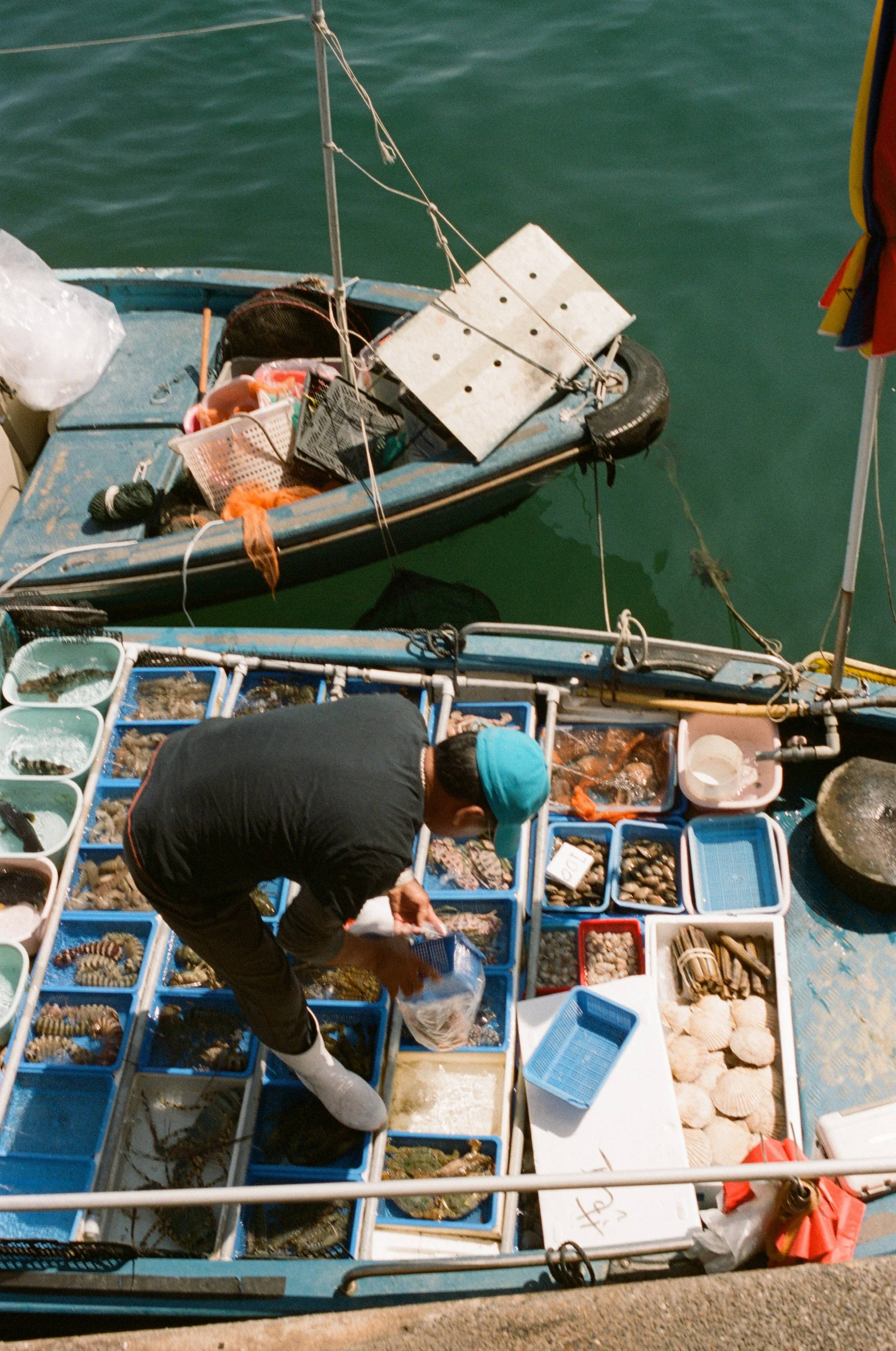 A person fishing on a boat filled with various seafood, including lobsters, crabs, and shellfish, with fishing boats and water in the background.