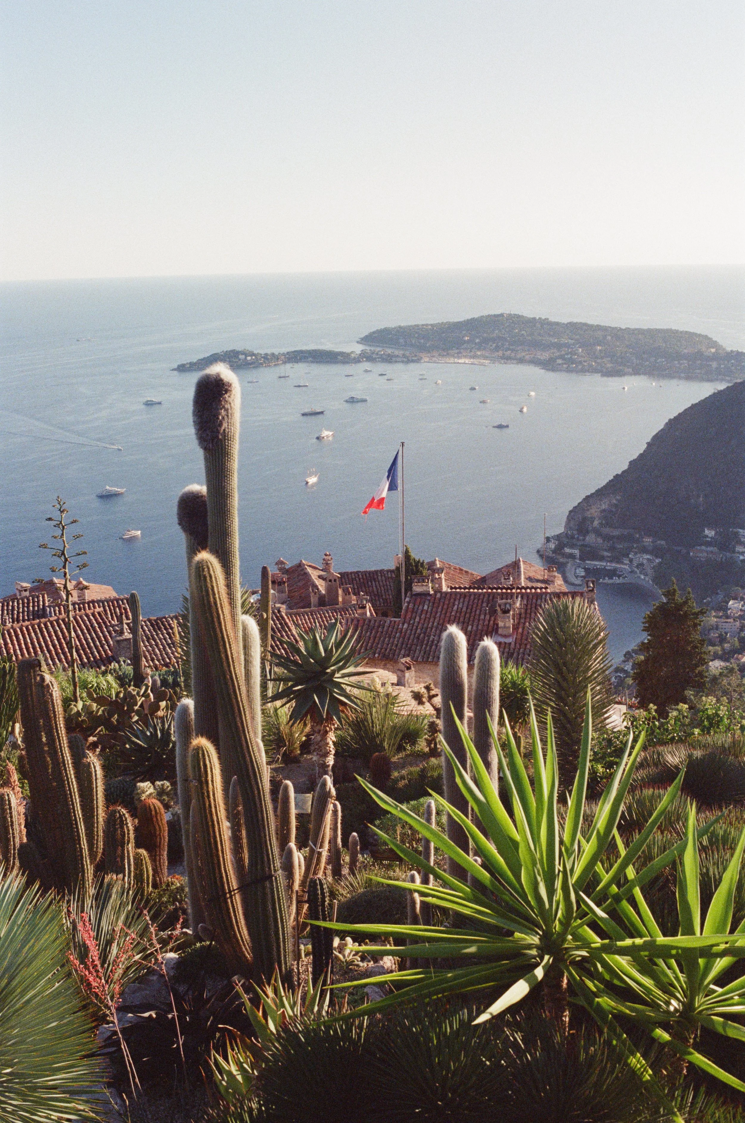 View of a coastal town with red-tiled roofs, a sea with boats, and a French flag flying, with desert plants and cacti in the foreground.