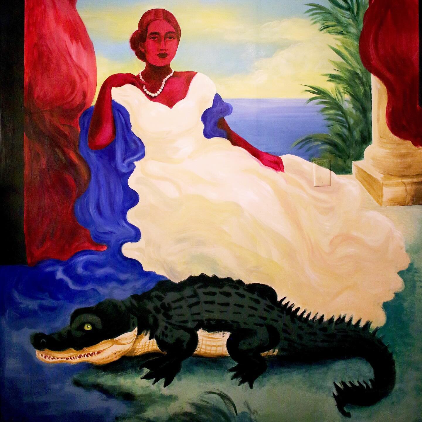 Part II of my hallway mural at @chameleonspokane ~ Princess with Crocodilia 🐊 inspired by this painting I saw at the @gettymuseum (last slide) 

#mural #muralpainting #muralist #painting #arthistory