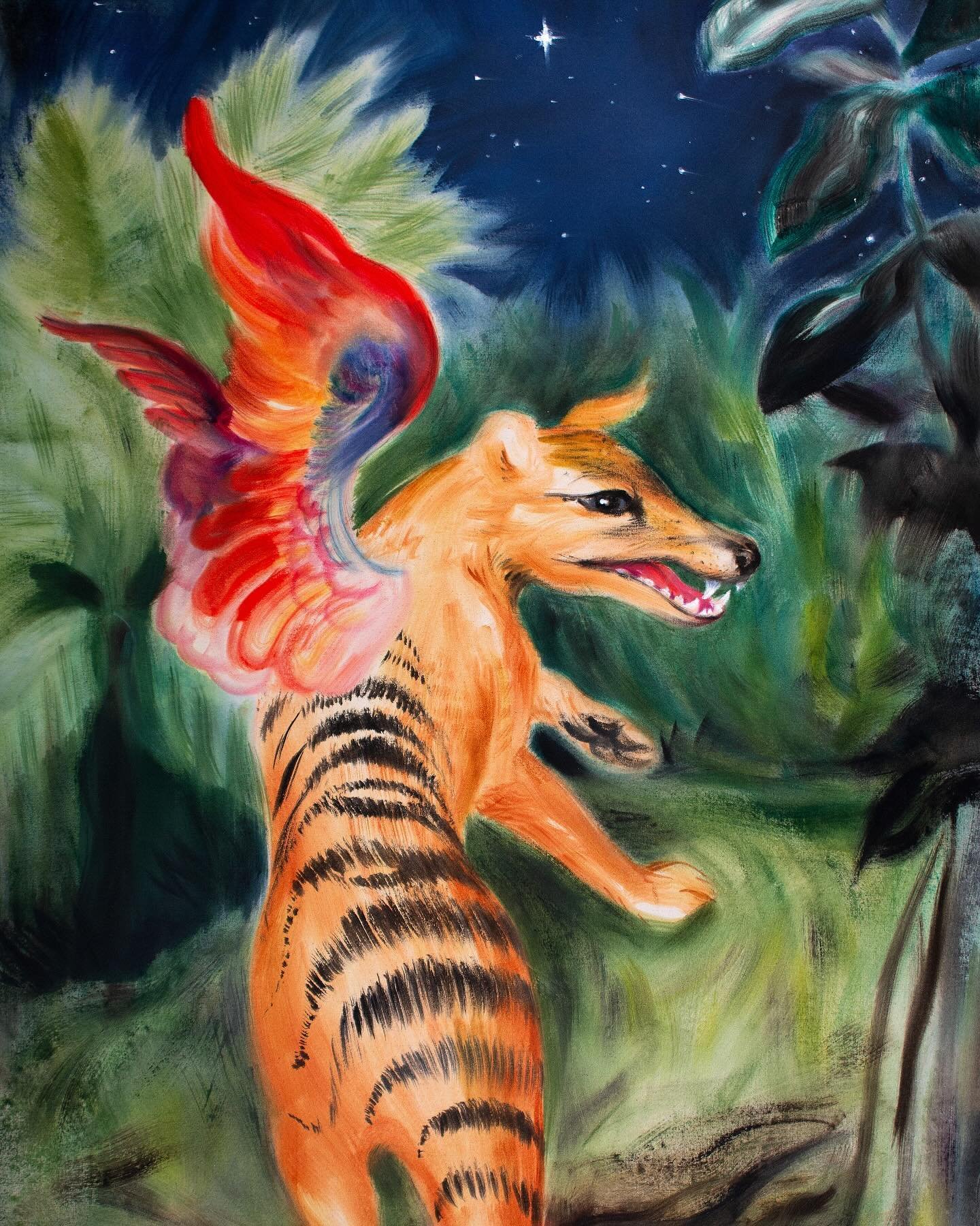 In honor of Earth Day and this beautiful marsupial tiger-dog that we hunted to extinction by 1936 (though perhaps the species is not lost forever, interestingly enough&hellip; @itiscolossal )&hellip; 🌴 &ldquo;Thylacine Angel&rdquo; | 34&rdquo; x 66&