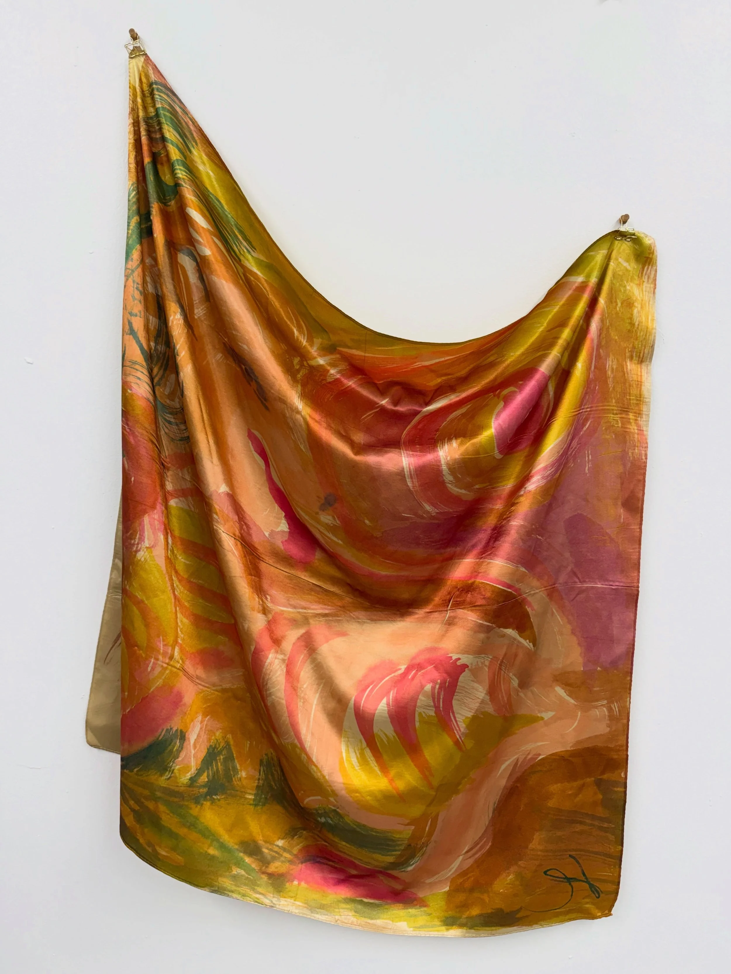 Heat press satin scarves. Hand-painted designs, each totally unique, inspired by ancient animal fables. 🐆  Only 4 available 🧡 DM for inquiries! (Update: 3 available)