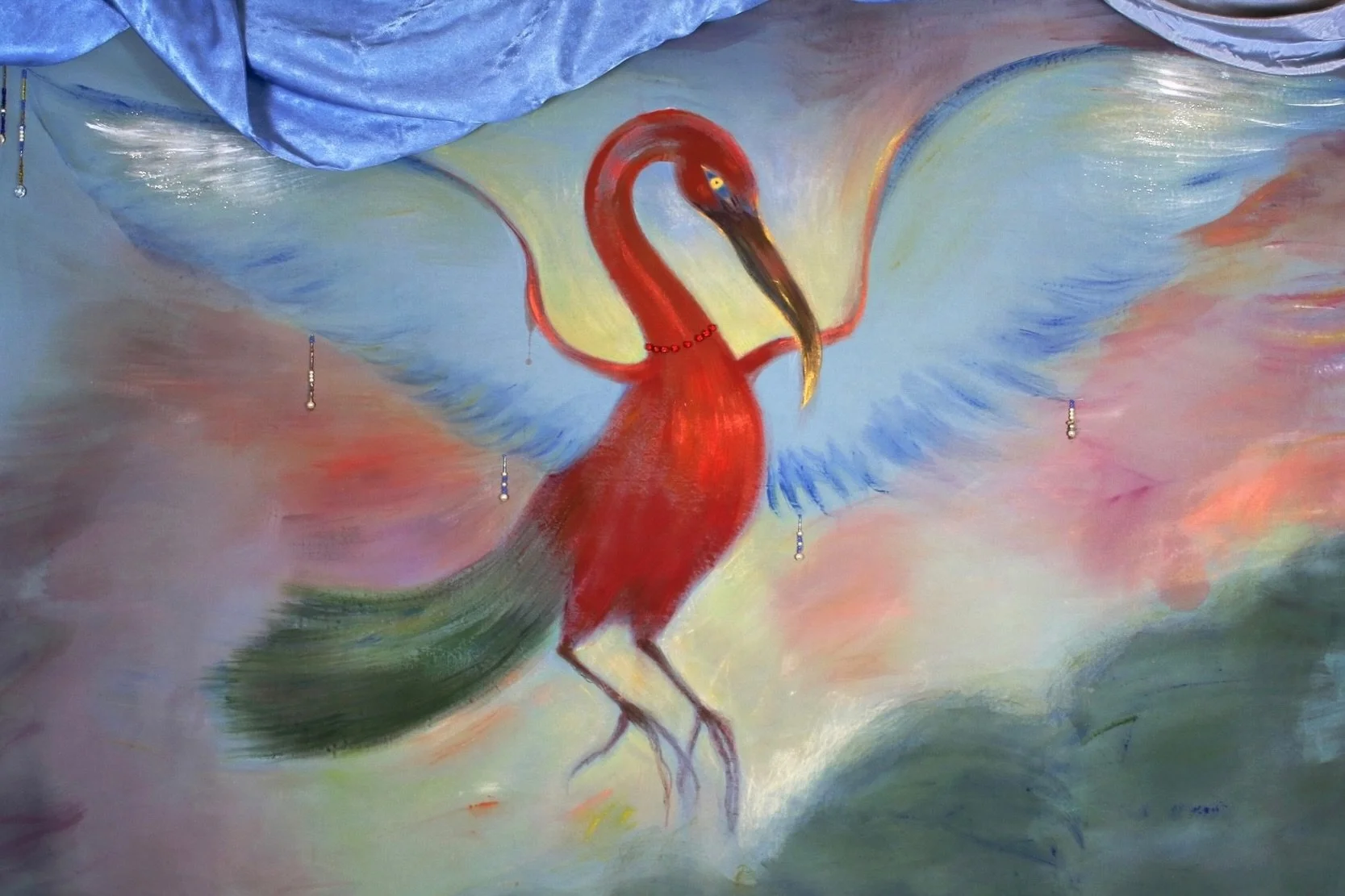 Chimera Rising ~ Ibis-Phoenix | Acrylic &amp; beads on sky blue fabric with satin drapery | approx. 6&rsquo; x 9&rsquo; | 2026