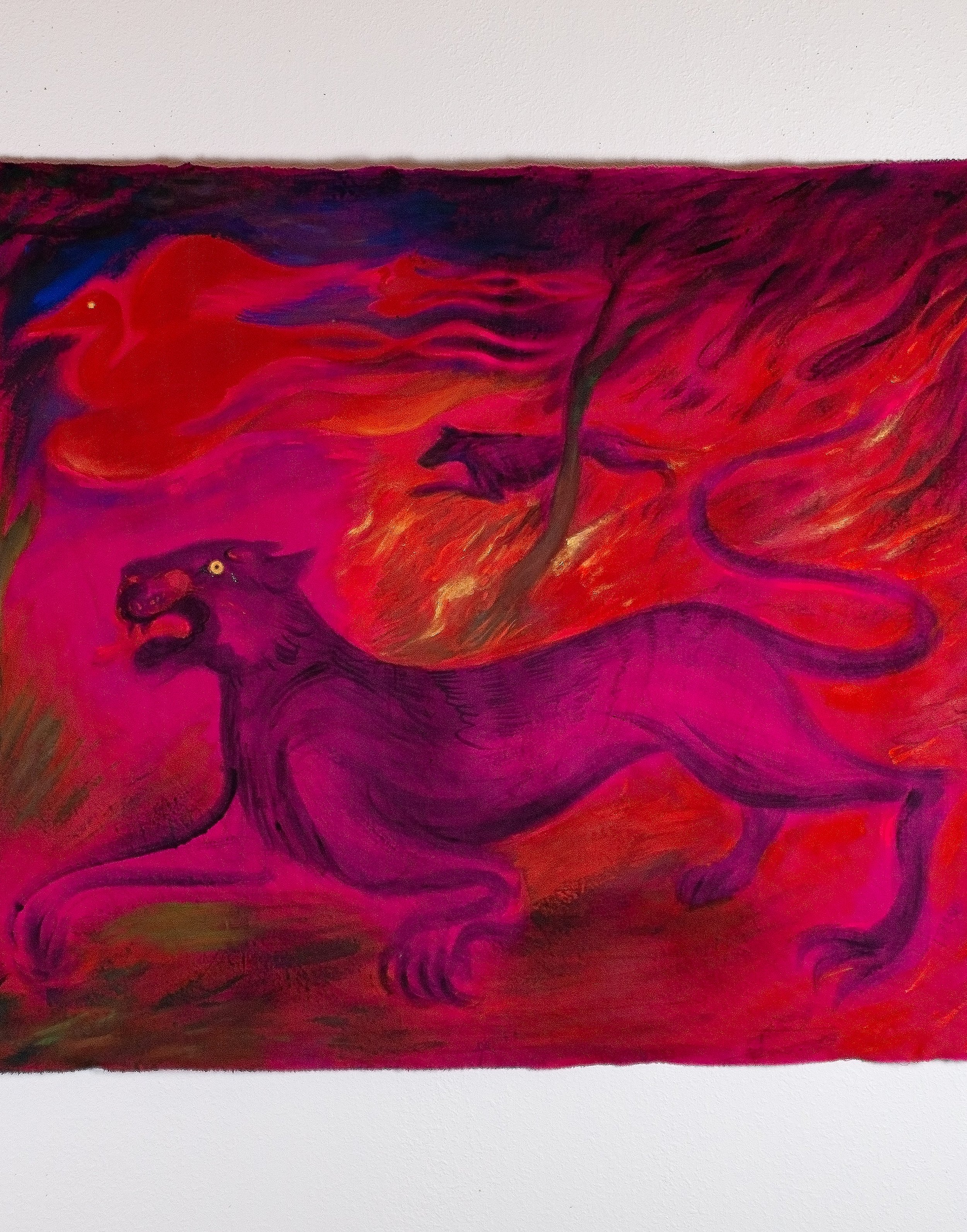 Masterpieces Burning, No Remorse 
Acrylic, charcoal, fuchsia cotton canvas, satin drapery 
~6&rsquo; x 5&rsquo;
2026
🐦&zwj;🔥