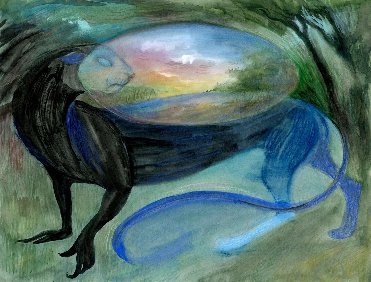 Angel-Beast in Dreamland | Watercolor &amp; crayon on toned paper | 9&rdquo; x 12&rdquo; | 2026 

#watercolor