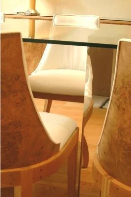 alluminium table legs burr oak white leather chiars 