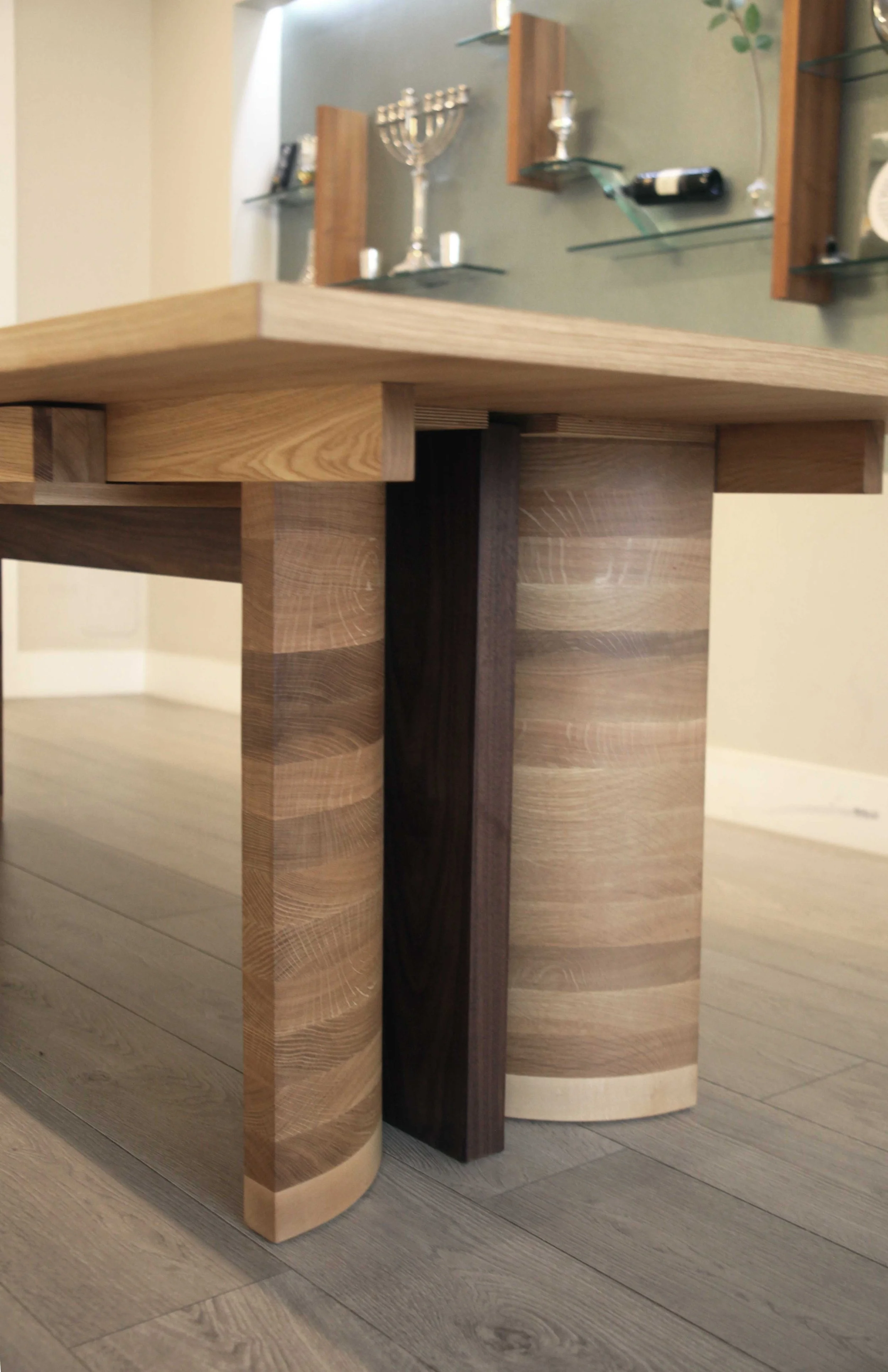 Korman dining table 8 - 22 seater table made from oak and walnut with maple details 