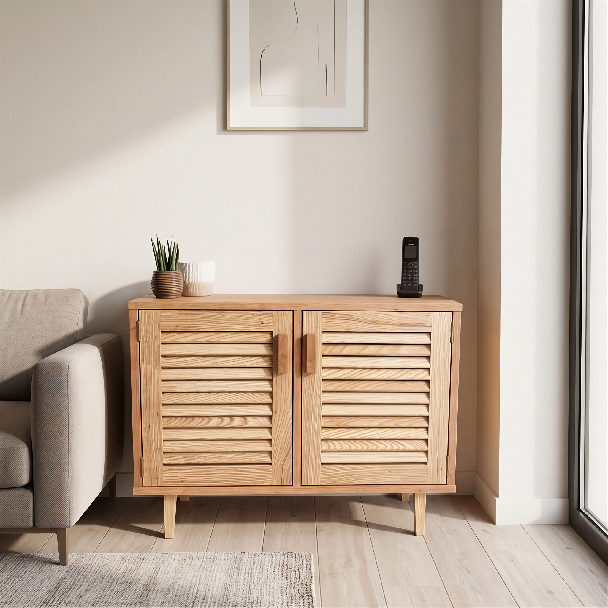 A contemporary oak and cherry cabinet with louvred doors, featuring clean lines and an elegant, understated design.