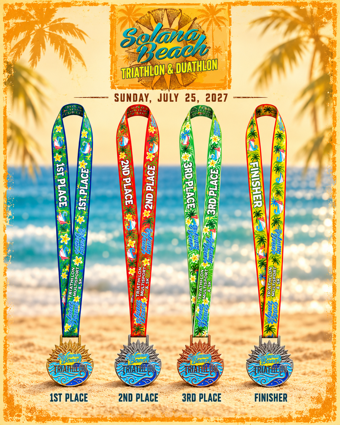 2027 Solana Beach Triathlon medals with 1st, 2nd, 3rd place and finisher ribbons for Sunday, July 25, 2027