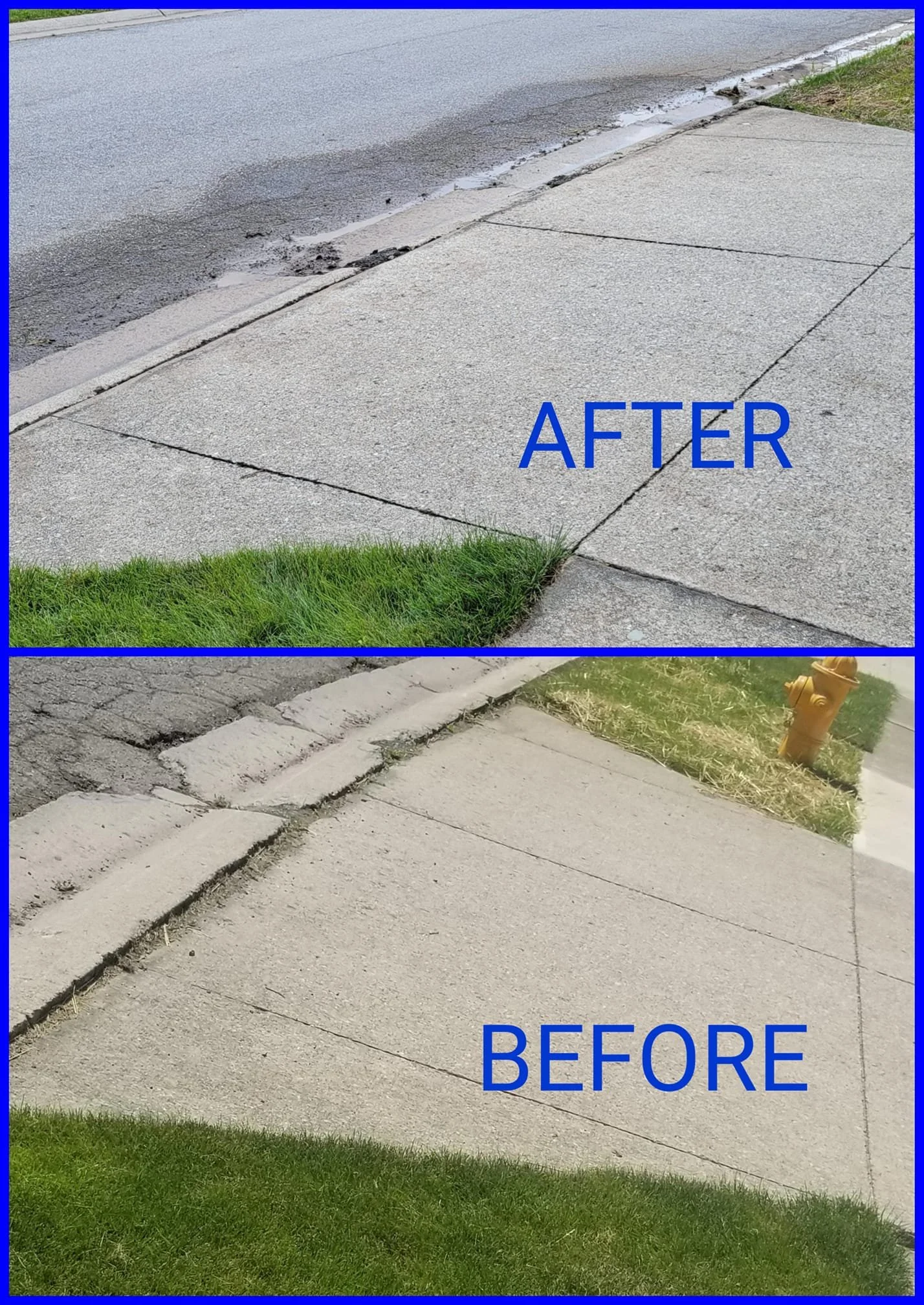 Comparison of a sidewalk before and after repair, showing new concrete paving with labeled 'AFTER' and worn, cracked concrete with labeled 'BEFORE'.