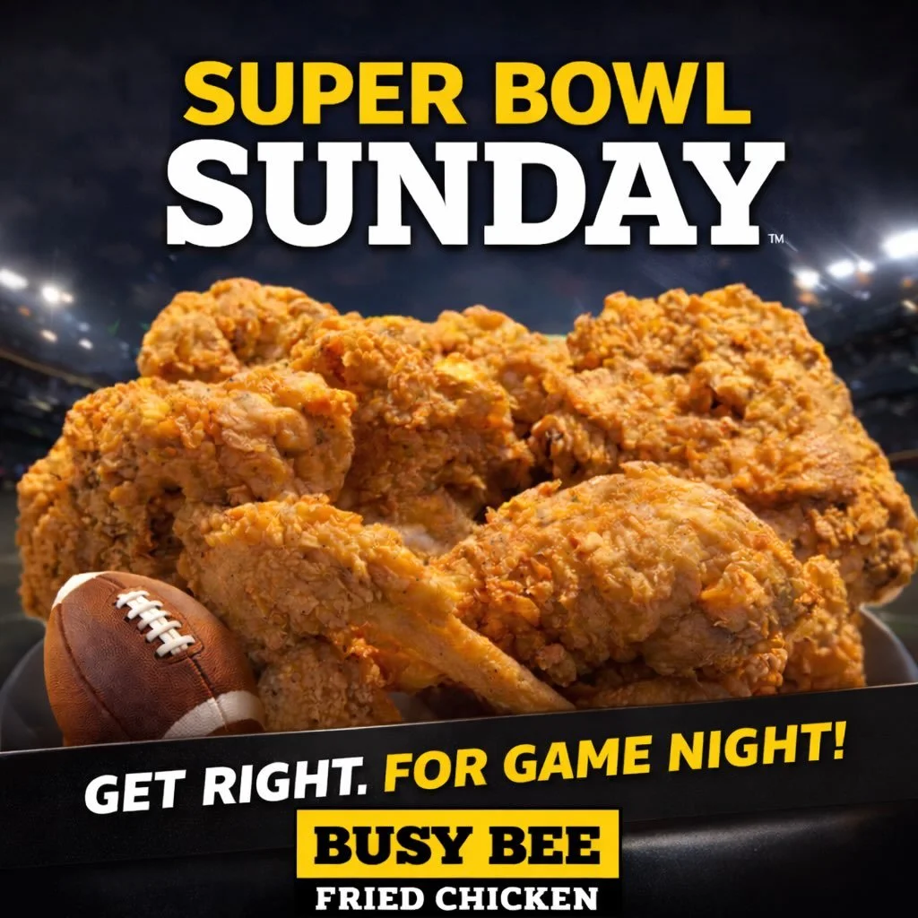 Super Bowl Sunday Done the Busy Bee Way! 🐝🍗 Get Right for the Game Night with Atlanta&rsquo;s Most Iconic Fried Chicken. Order Now TheBusyBeeCafe.com

#BusyBeeCafe #AtlantaEats #SuperBowlSunday #FriedChickenLove #ATLStaple