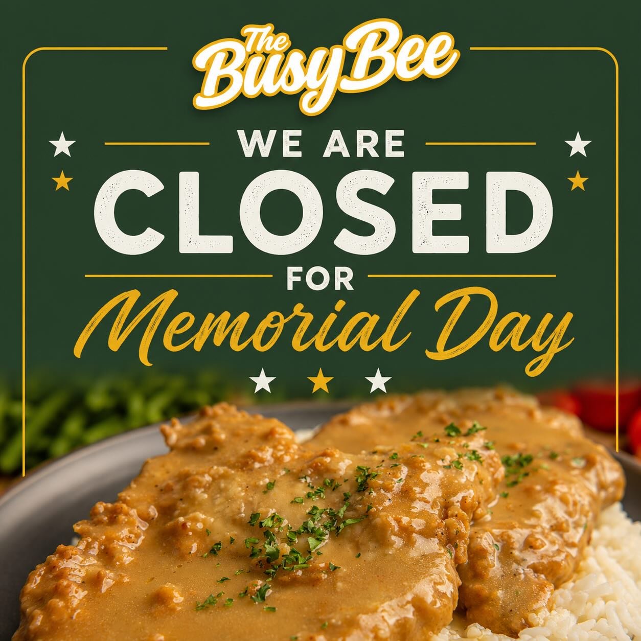 The Busy Bee will be CLOSED Monday as we honor the holiday and recharge for another week of serving Atlanta favorites. We&rsquo;ll see y&rsquo;all back soon with the comfort food you love 🍽️🐝

#TheBusyBeeATL #BusyBeeCafe #MemorialDay #AtlantaFoodie