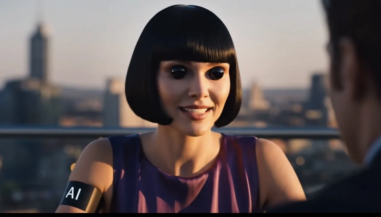 Woman with a bob haircut and shiny black eye makeup smiling at a man on a rooftop with a city skyline in the background. Still frame from the AI short film '404.'