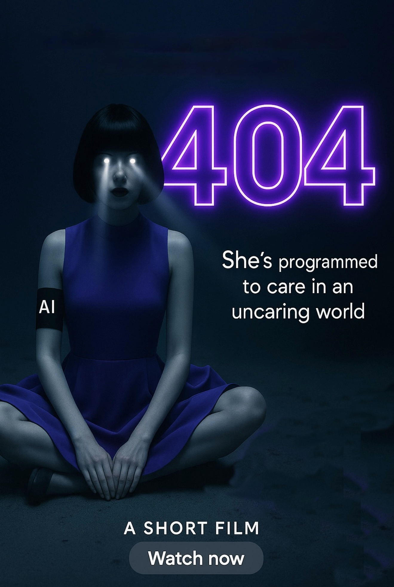 A digital art image featuring a humanoid robot woman with glowing eyes, sitting cross-legged in front of a dark background. The number '404' glows in purple neon above her, accompanied by the text 'She's programmed to care in an uncaring world' and a