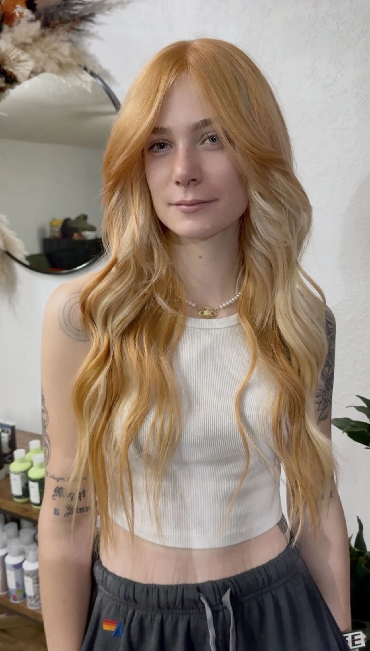 long hair with extensions, strawberry blonde
