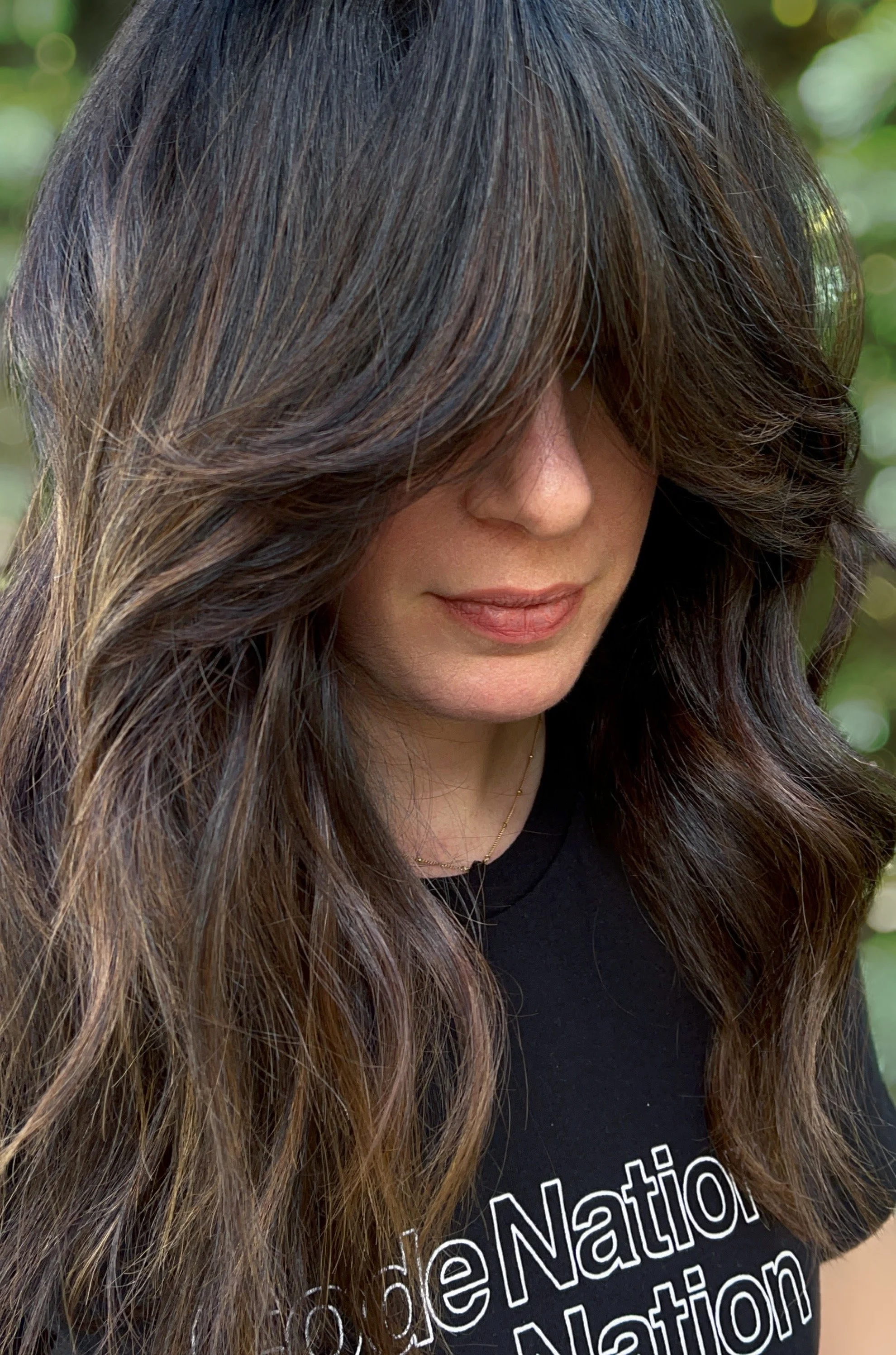 LaRissa Marie, expensive brunette, curtain bangs, lived in color