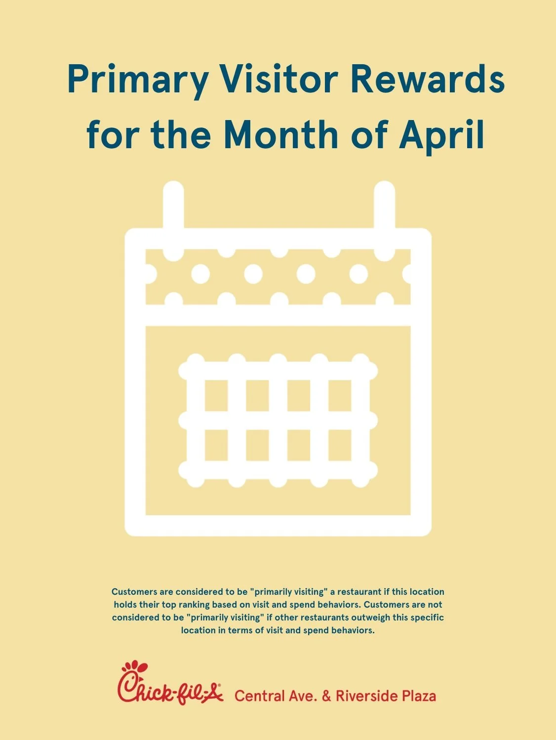 Rewards are here for April 👀🎉✨

Scroll to see the rewards for primary visitors on the Chick-fil-A One&reg; app at Chick-fil-A Central Riverside 📲🐮💛

From Minis on Mondays 🐮to Cold Brew on Wednesdays 🧋❄️ and Fries on Fridays 🍟🎉&hellip; you do