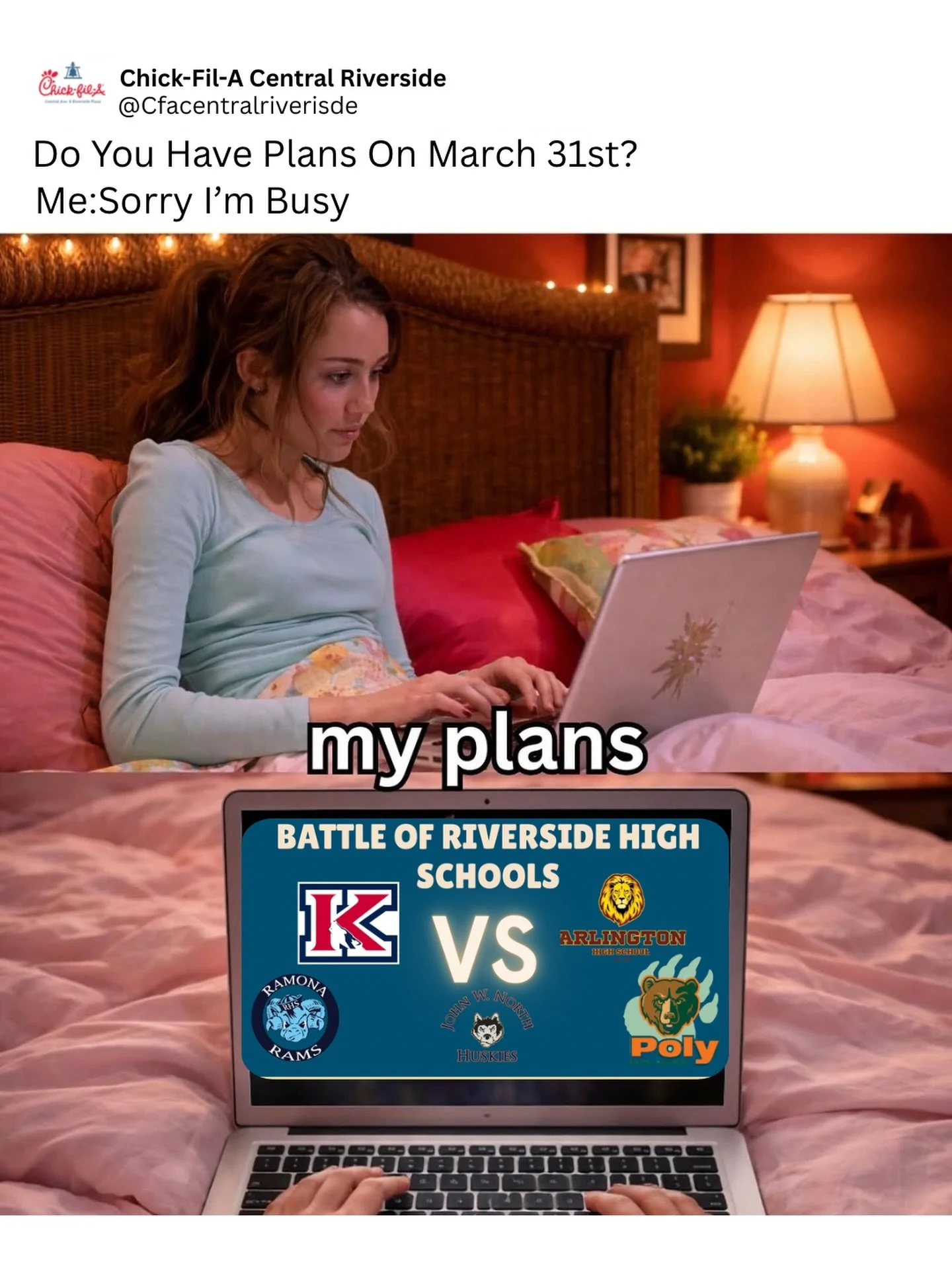 Today&rsquo;s for Miley&hellip; oh wait&hellip;.Hannah Montana! 😉🎤✨
Next week, it&rsquo;s all about our Riverside high schools. Mark your calendars! 
🗓️ March 31st | ⏰ 3&ndash;8PM 💜❤️🛎️🐮
#cfacentralriverside #hannahmontanaforever