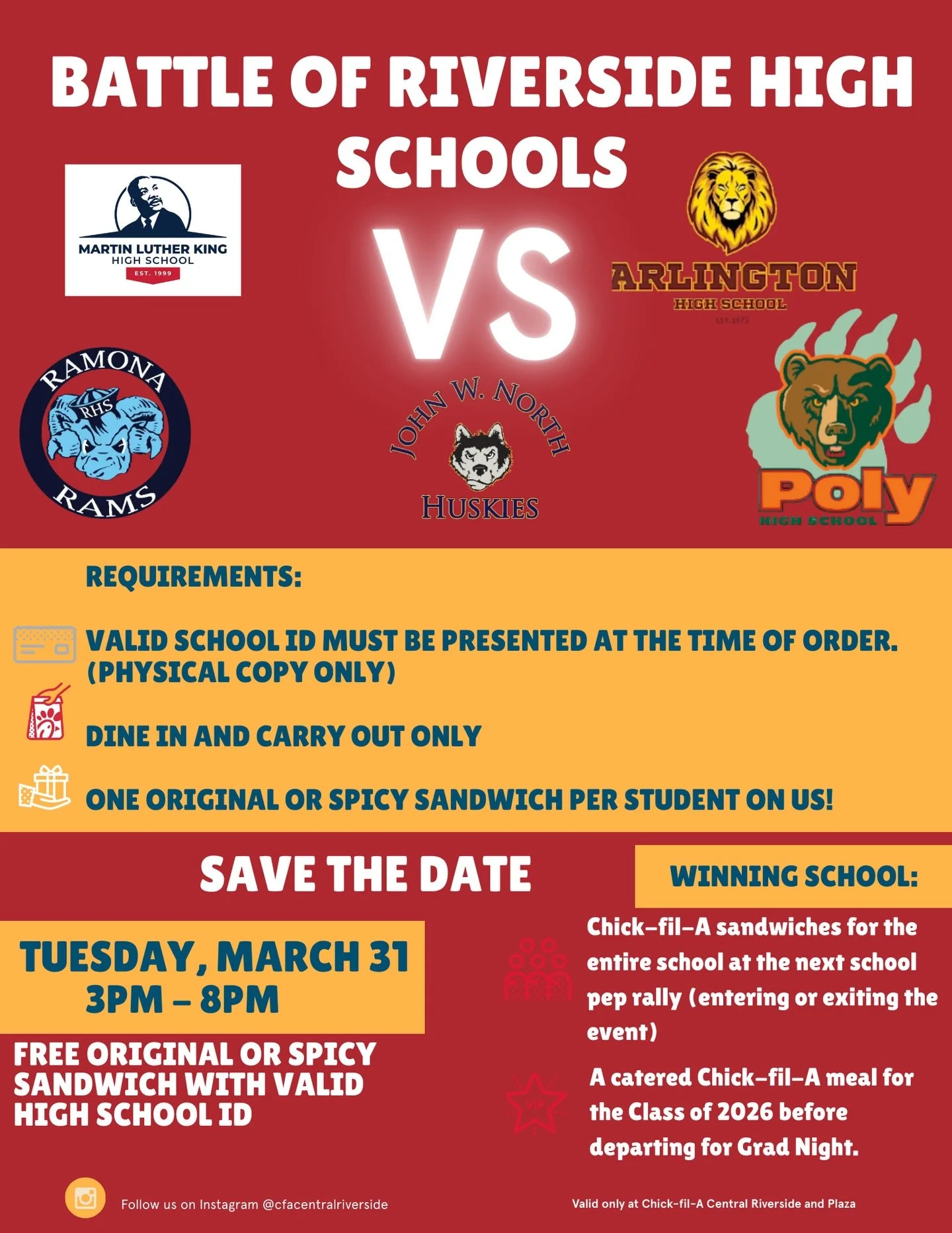 Riverside&hellip; it&rsquo;s ON 🐮

Battle of the High Schools is going down&mdash;rep your school, bring your ID, and score a FREE Chick-fil-A sandwich ❤️🐮

March 31 | 3&ndash;8PM
Let&rsquo;s see who brings the most school spirit 🎉🏆
#cfacentralri