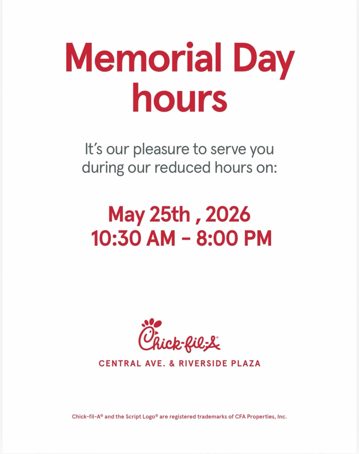 🇺🇸 Honoring those who served this Memorial Day. Please note our reduced holiday hours on Monday, May 25th from 10:30 AM to 8:00 PM. We look forward to serving you at Chick-fil-A Central Ave. &amp; Riverside Plaza 
#cfacentralriverside