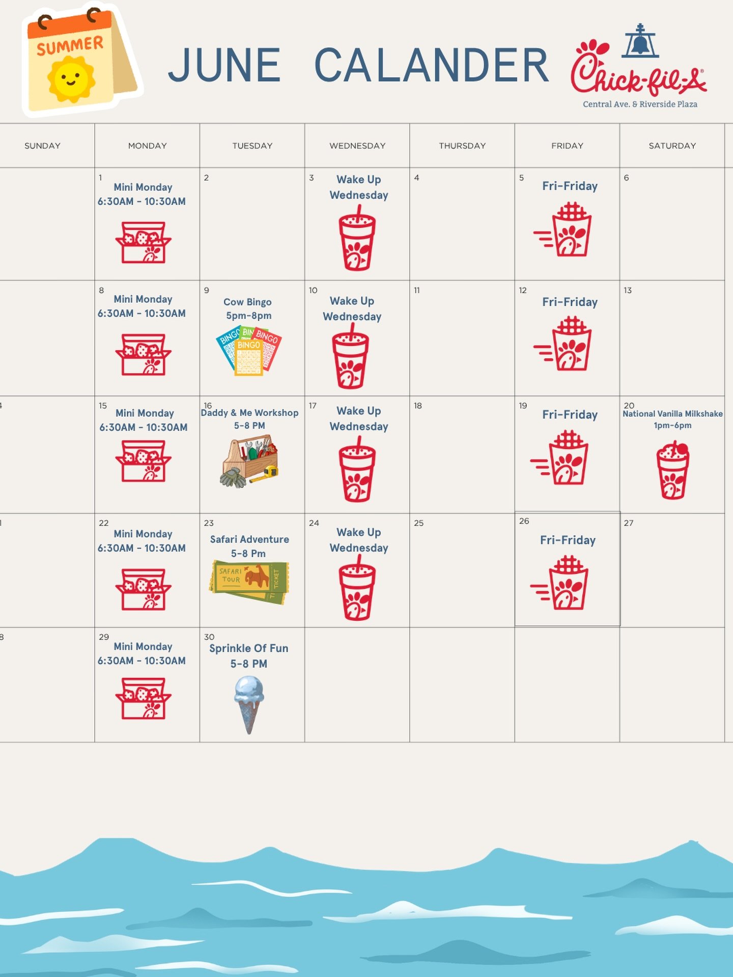 ☀️ June is here, and so is the fun at Chick-fil-A Central Riverside!

Join us all month long for special events, family activities, and delicious promotions. From Mini Mondays and Wake Up Wednesdays to Cow Bingo, Safari Adventure, and our Vanilla Mil