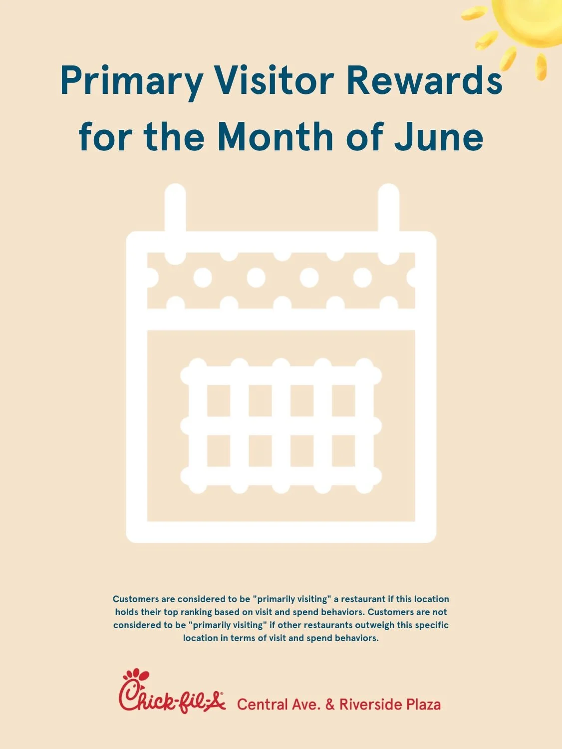🎉👀 Primary Visitor Rewards for June are here! ☀️🐮💛

Scroll through to see this month&rsquo;s rewards available exclusively for our Primary Visitors on the Chick-fil-A One&reg; App at Chick-fil-A Central Riverside! 📱✨

From Minis on Mondays 🐄🥐 