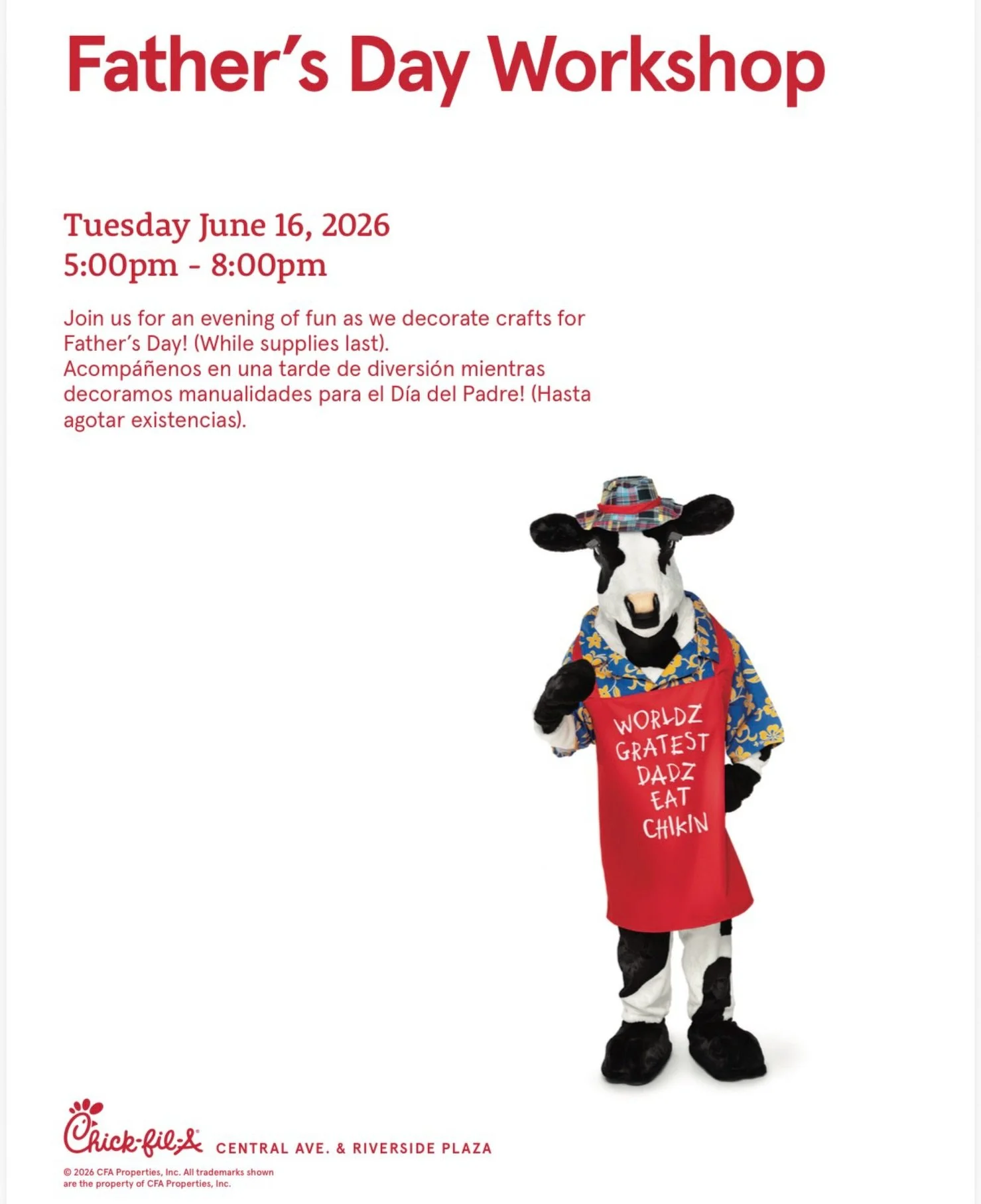Celebrate Dad with us! 💙🐮

Join us on Tuesday, June 16 from 5:00 PM to 8:00 PM for our Father&rsquo;s Day Workshop. We&rsquo;ll be decorating crafts for Father&rsquo;s Day and creating special memories together.

Check out all of our upcoming event