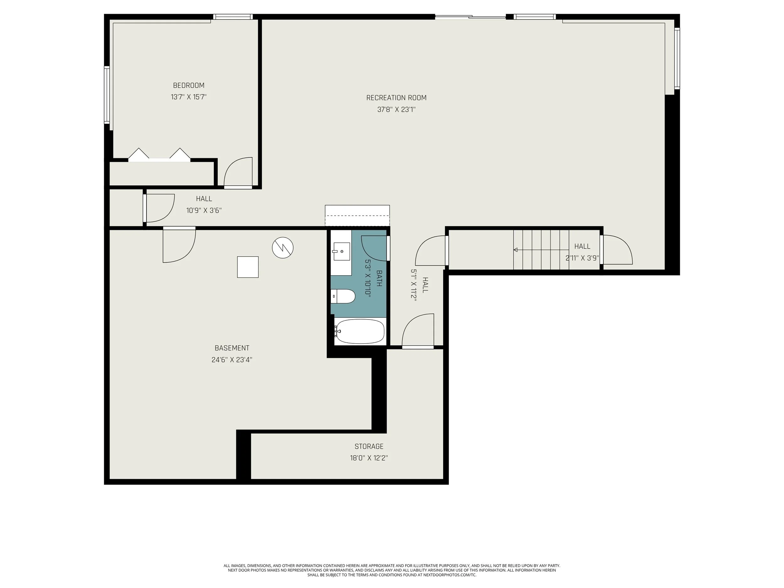 The lower level flor plan at 8683 Camoile that shows the room dimensions of every room  as well as the floor plan