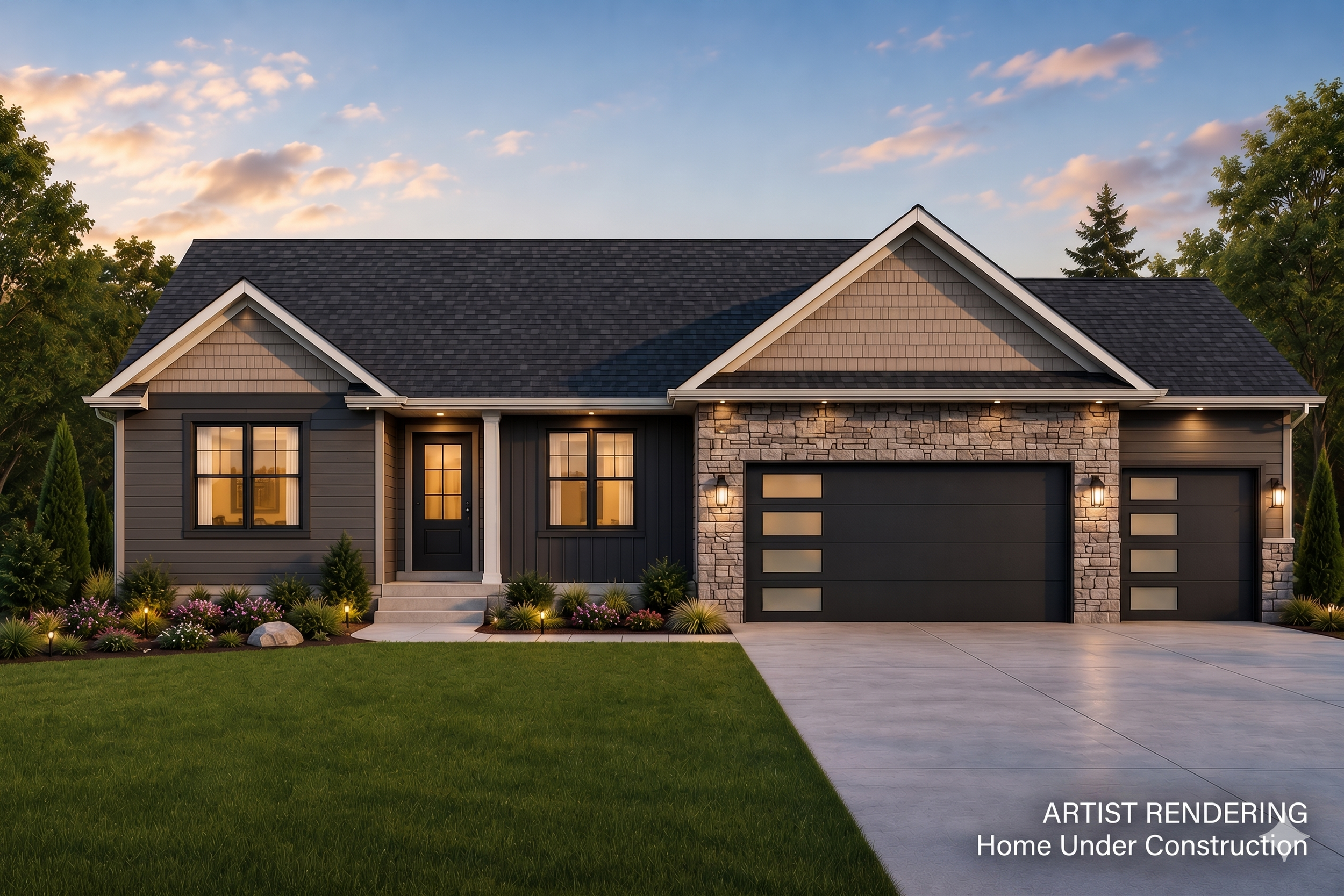 Artist rendering of the new Cornerstone Construction ranch at 2029 Dakota Trail in Jones Crossing, Hastings, Michigan, with a three-car garage.