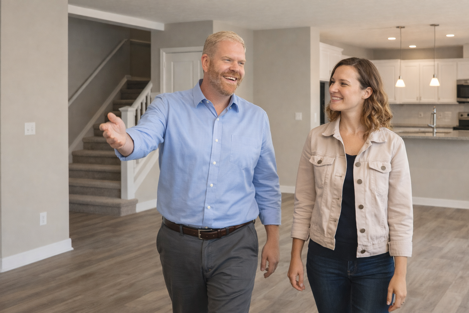 Jason Veenstra with the Veenstra Team walking a home buyer through a home.