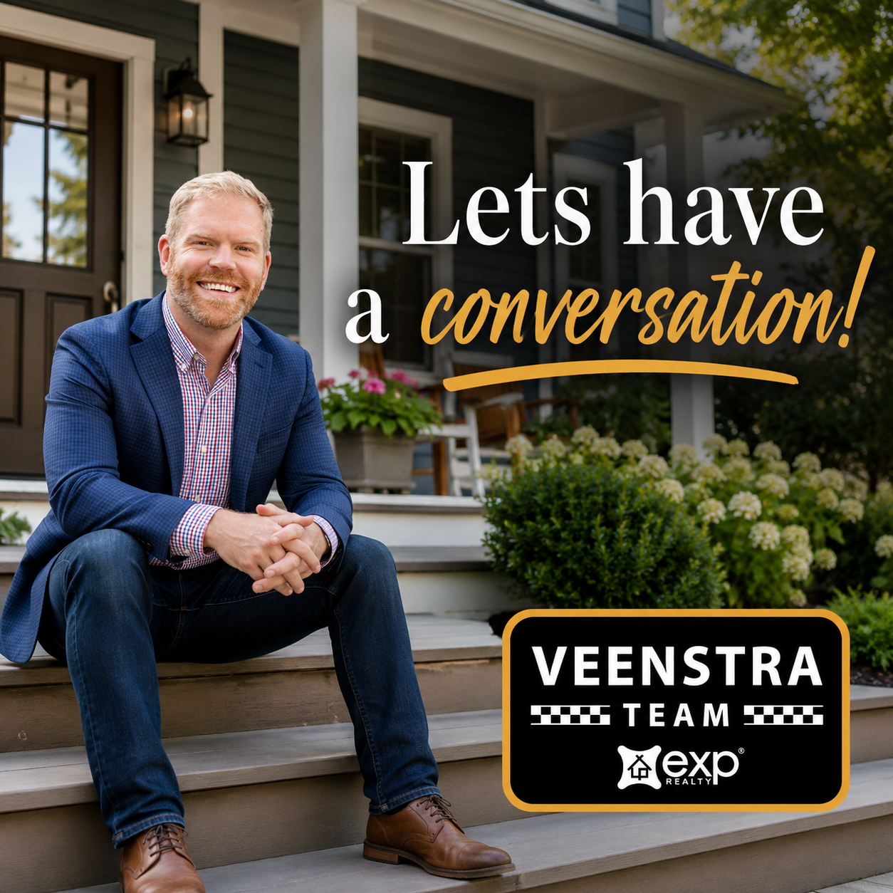 An image of Jason Veenstra sitting on a stair step with the word, lets have a conversation.