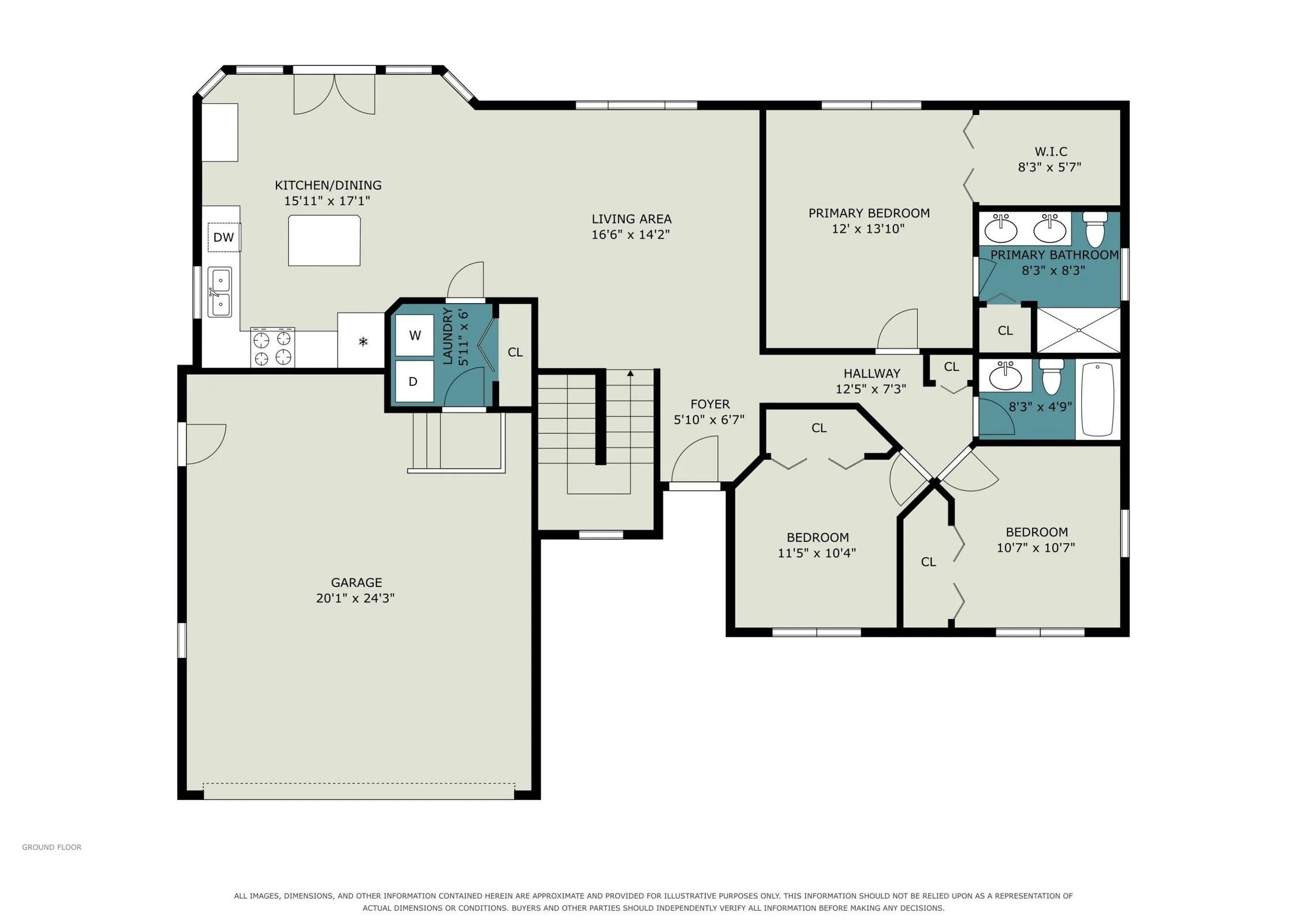 Main-floor plan of 27420 Birmingham Court showing the primary suite, kitchen, living area, laundry, and attached garage