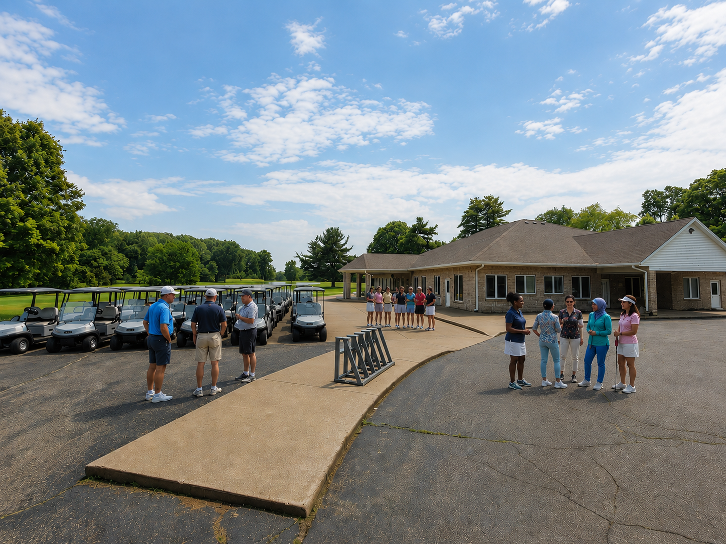 An image with 3 groups of people who have met to golf at Lake Doster.