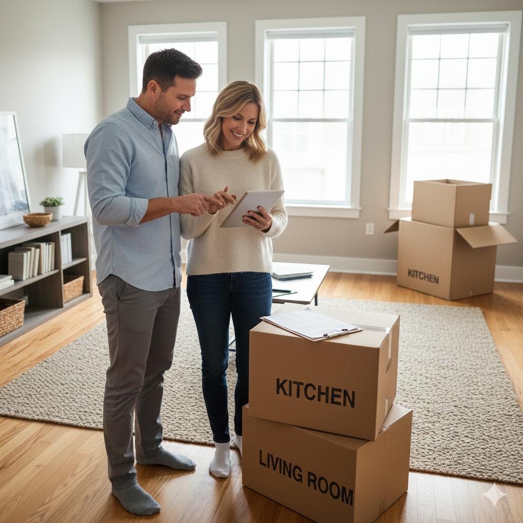Home sellers reviewing documents while preparing to move out of their home.