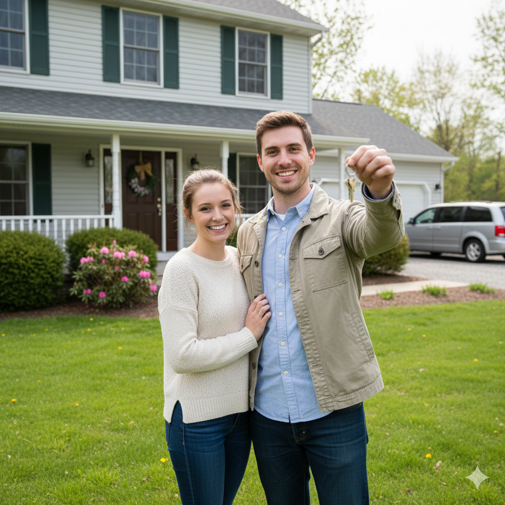 Smiling couple holding house keys in front of their newly purchased single-family home.