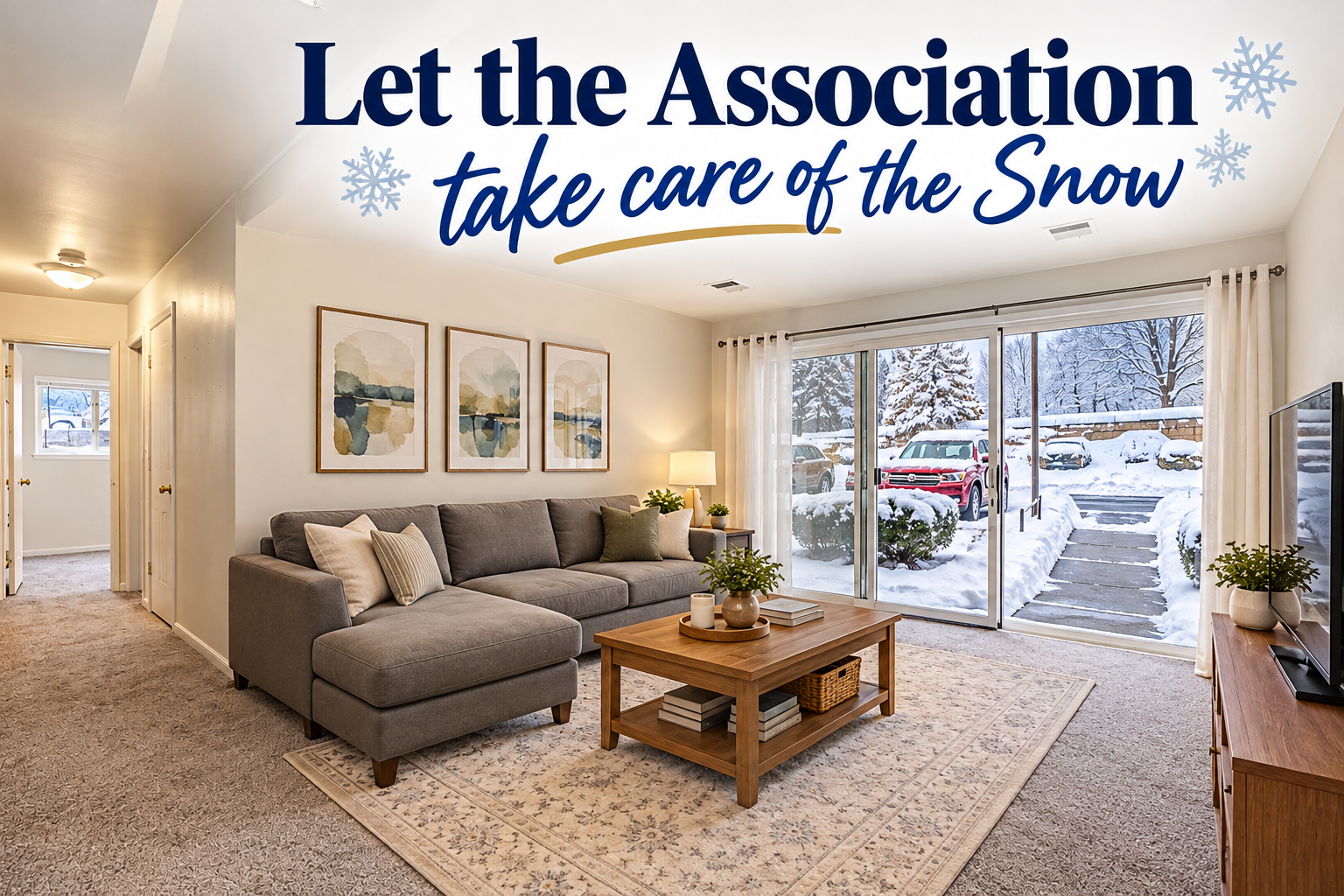 Image of the living room with snow shoveled.