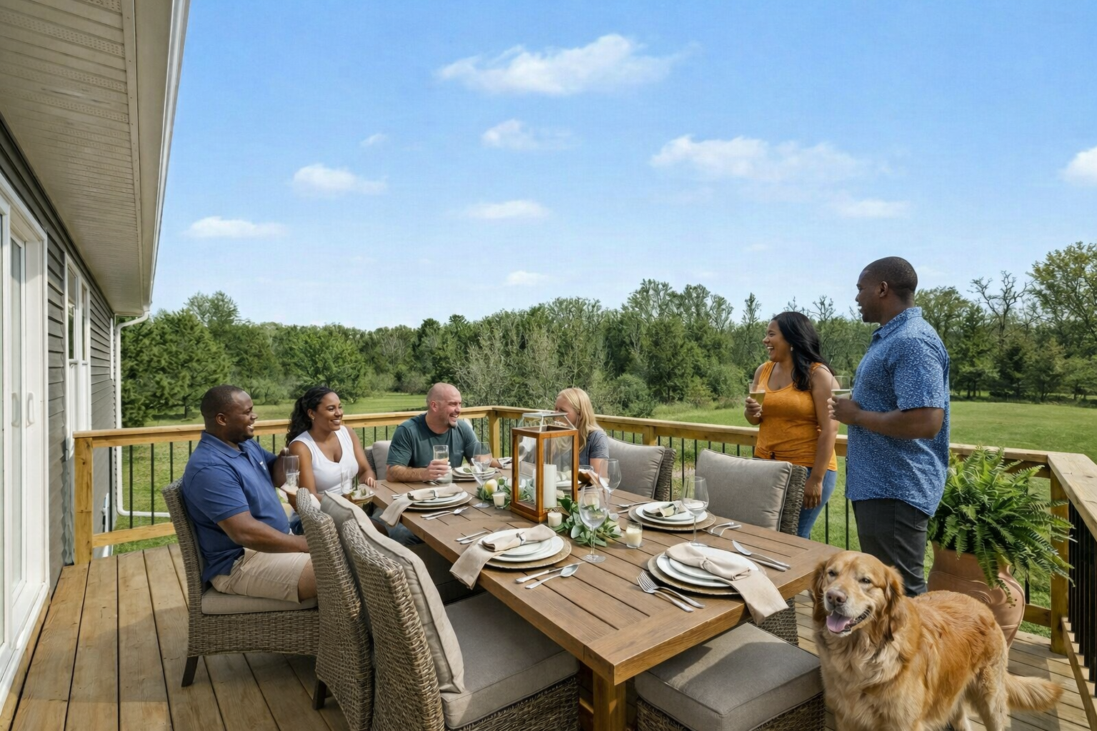 Friends hanging out on thei large deck build on a Cornerstone home.