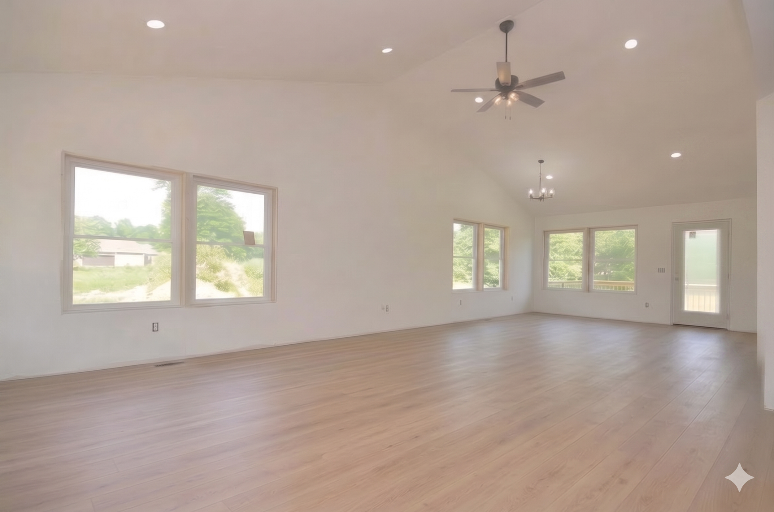 Picture of incomplete great room at 237 Markus Glen that showcases the floor and lots of windows and light.