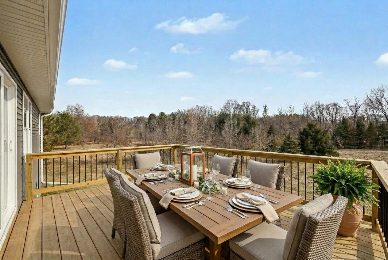 picture of the deckk off the dining room with patio set.  Emphasizes the large size of the deck.