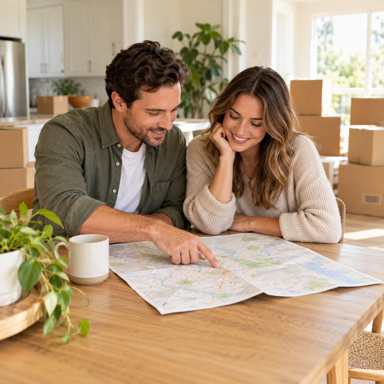 Two adults planning their move with a map at a kitchen table, with moving boxes nearby.