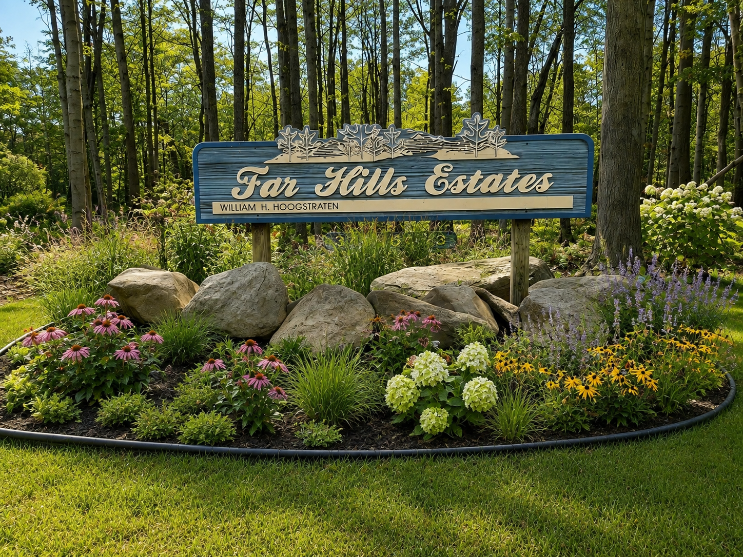 Beautiful sign of Far Hills Estates in Alamo Township in the Late summer