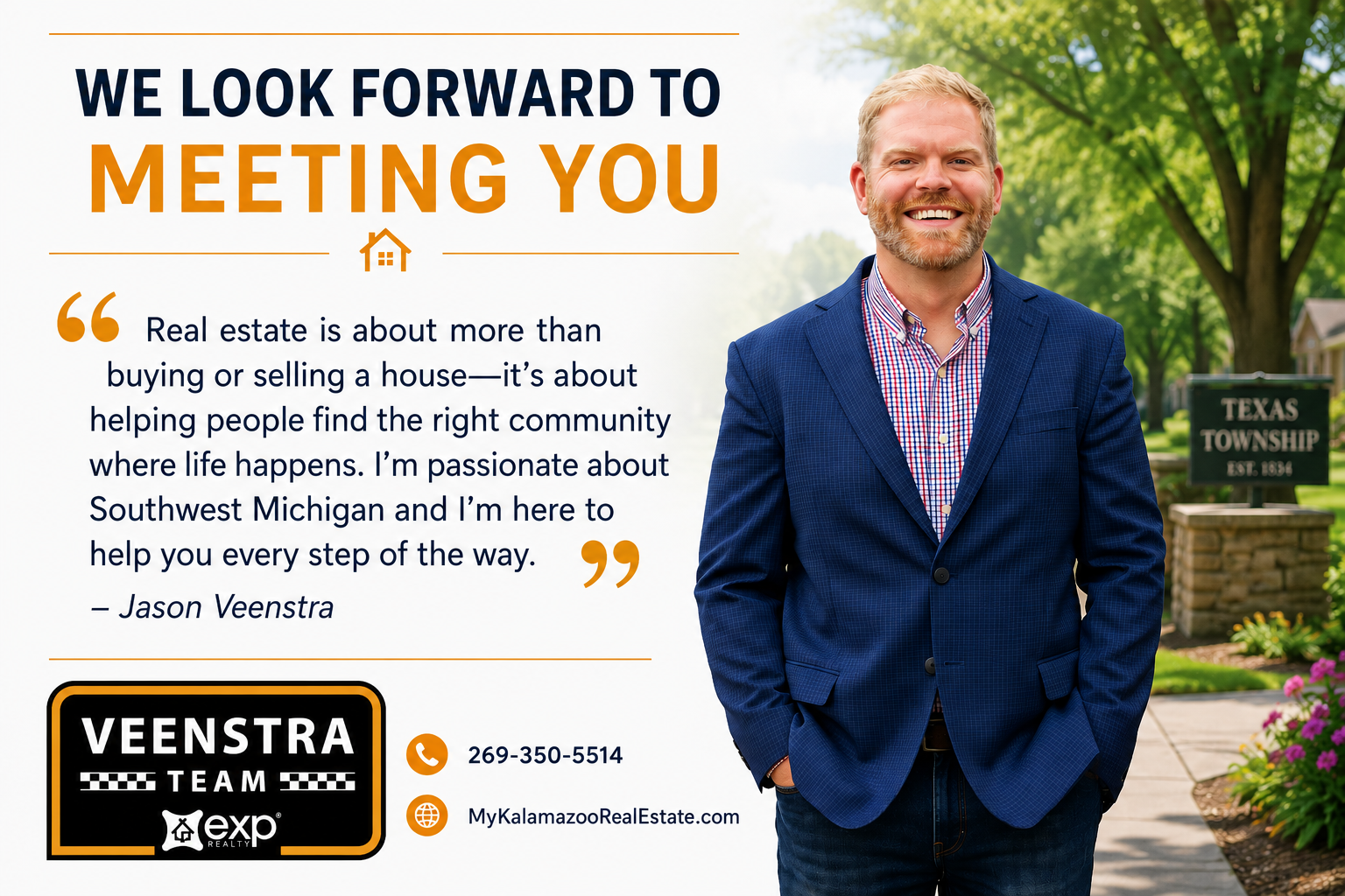 An image of Jason Veenstra with a quote about building real estate and community.
