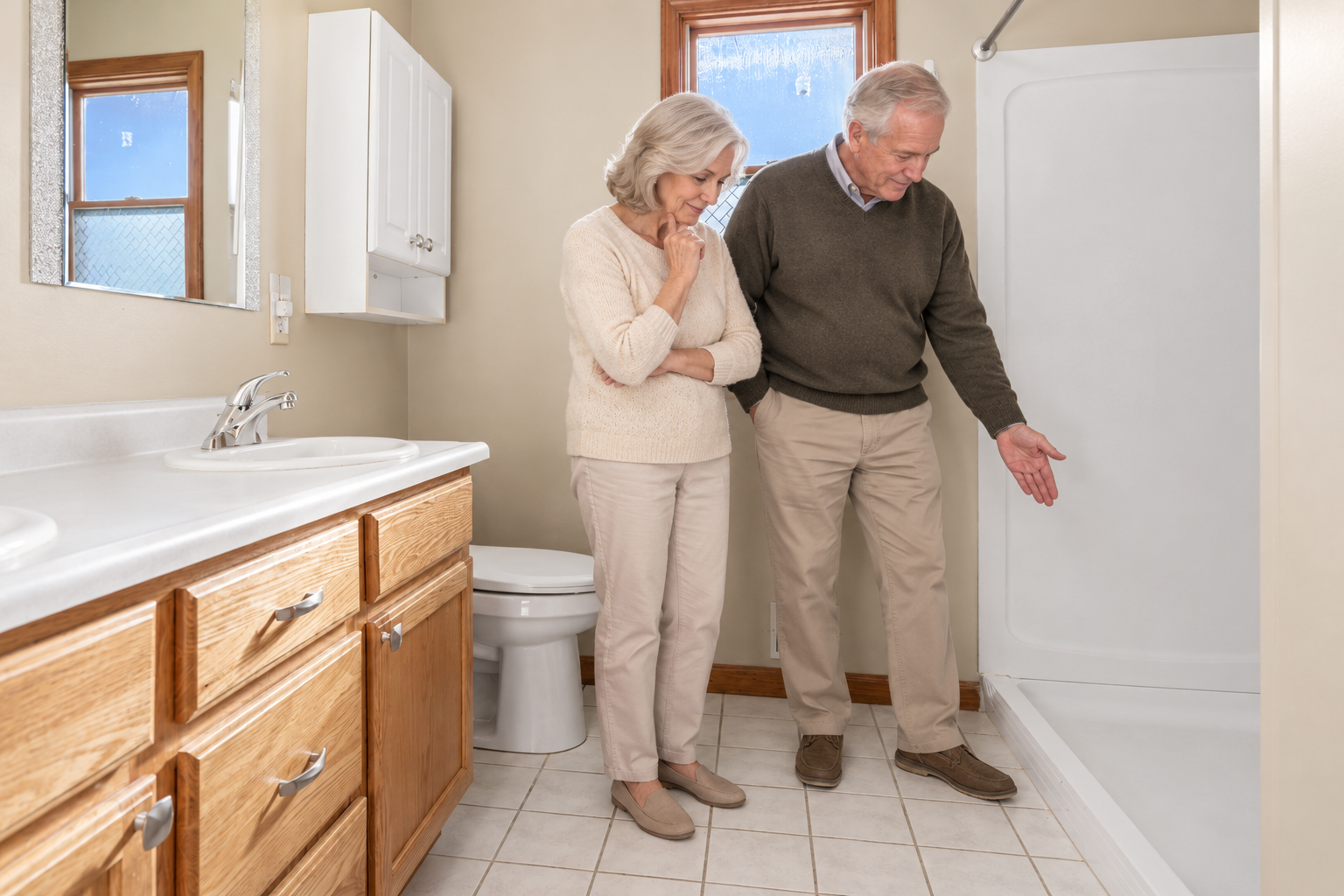 Couple looking at low threshold shower