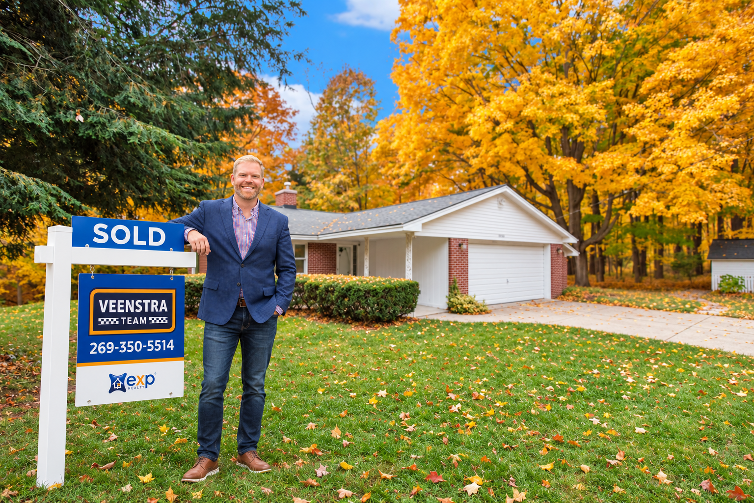 Jason Veenstra standing in front of the Wolters house with sold sign